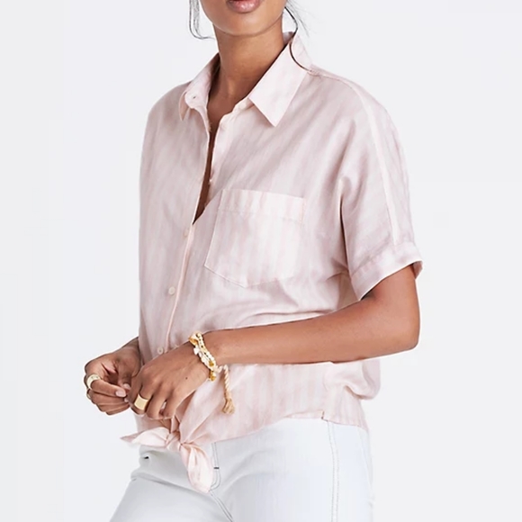 Madewell small pink white stripe button down front knot dolman sleeve top - Picture 2 of 6